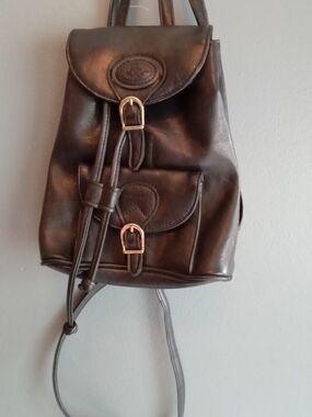 Vintage Black Leather Mini‎ Backpack Drawstring Buckle Flap Small Rucksack Bag